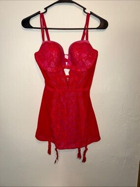 Victoria's Secret Red Lace Babydoll Chemise with Garter Straps